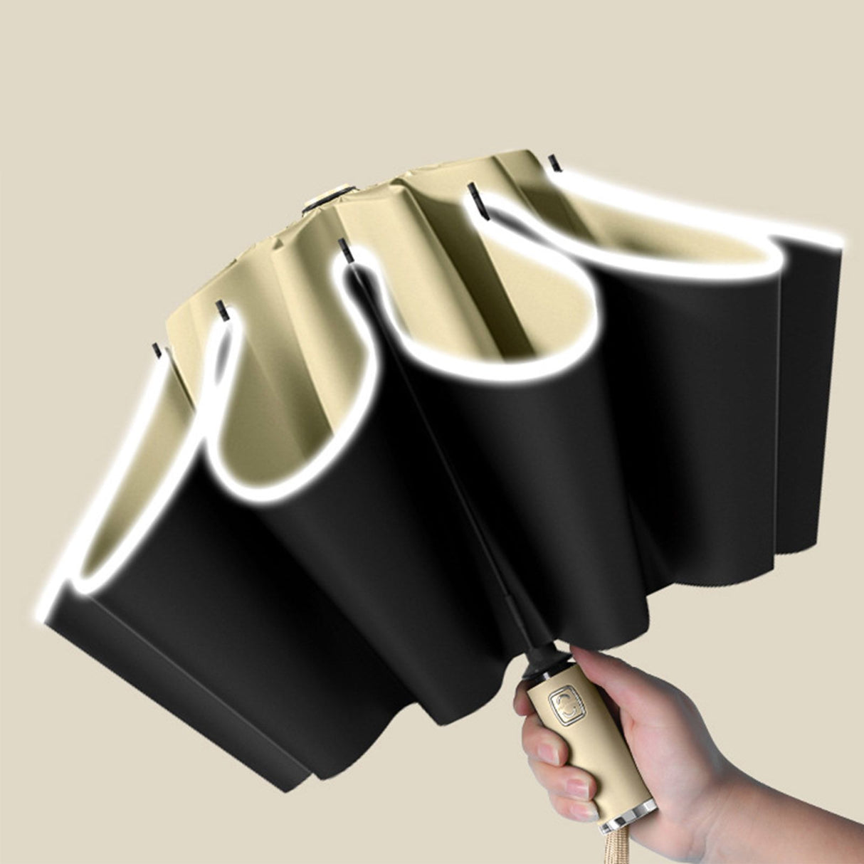 Automatic Reverse Umbrella Large One Key Control with Reflective Strip Folding Umbrella for Sunny Or Rainy Day Light Khaki