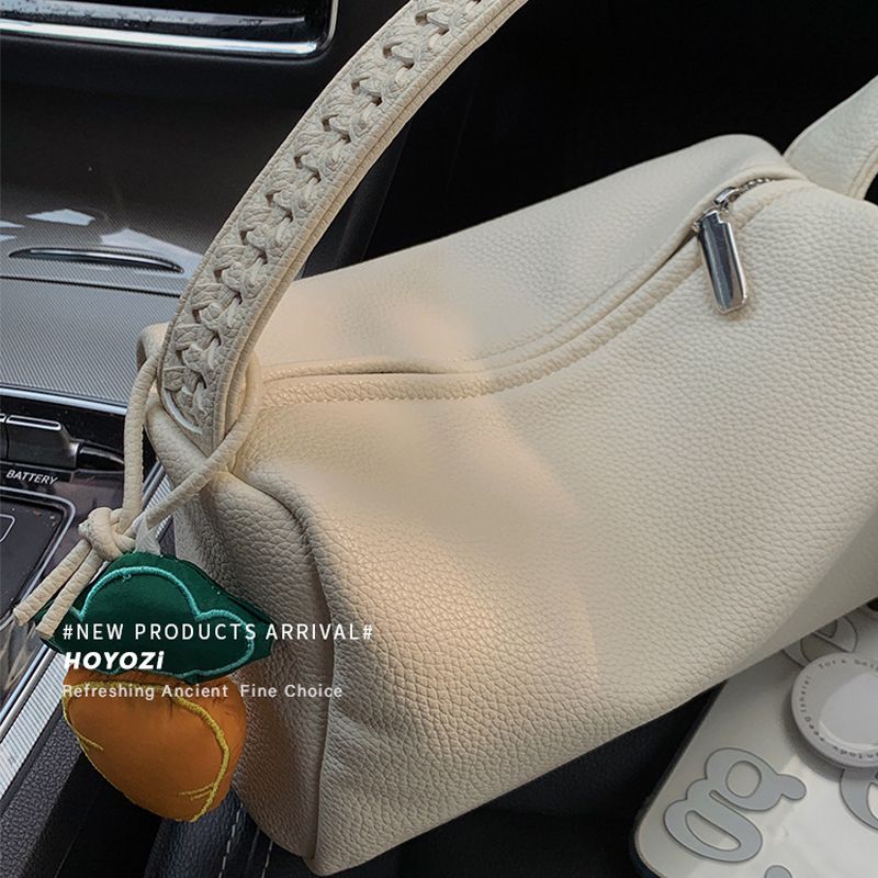 Woman Handbag with Pendant Fashionable Lovely Appearance Bright Pure Color PU Female Shoulder Bag Beige