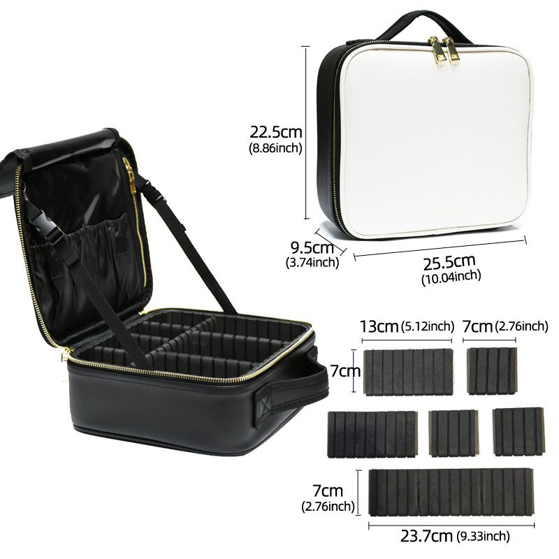 Cosmetic Storage Bag PU Leather Large Capacity Waterproof Adjustable Partition Makeup Case for Travel Black White