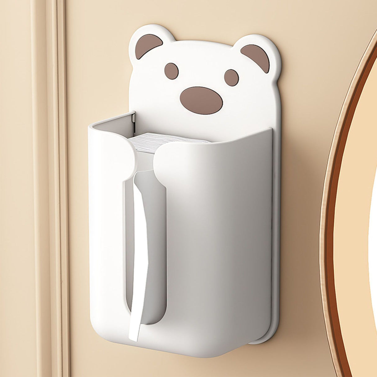 Wall Mounted Tissue Box Punching Free Cute Bear Pattern Plastic Tissue Dispenser for Home Bathroom White Bear Brown