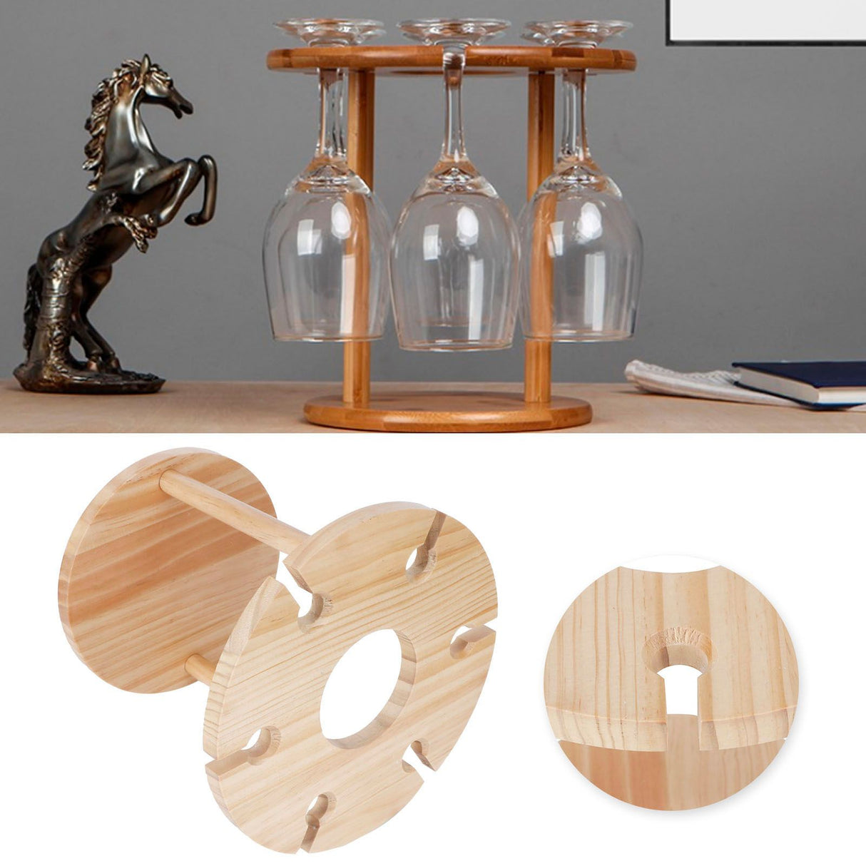 Wooden Wine Rack Glass Cup Holder Organizer Tabletop Display for 6 Glass and 1 Wine Bottle