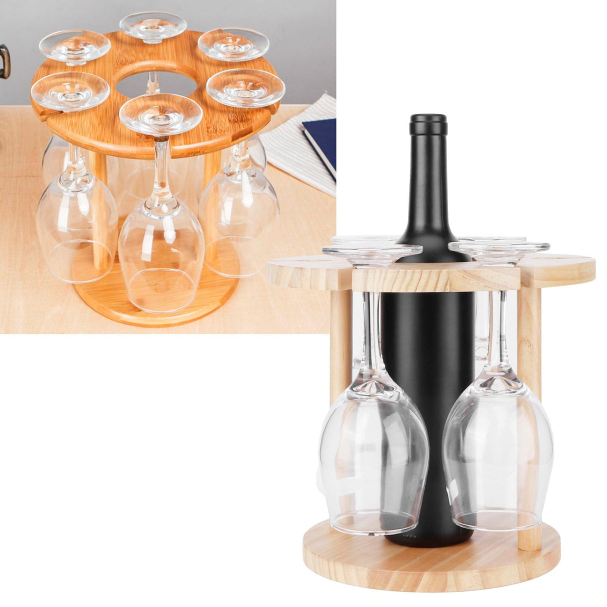 Wooden Wine Rack Glass Cup Holder Organizer Tabletop Display for 6 Glass and 1 Wine Bottle