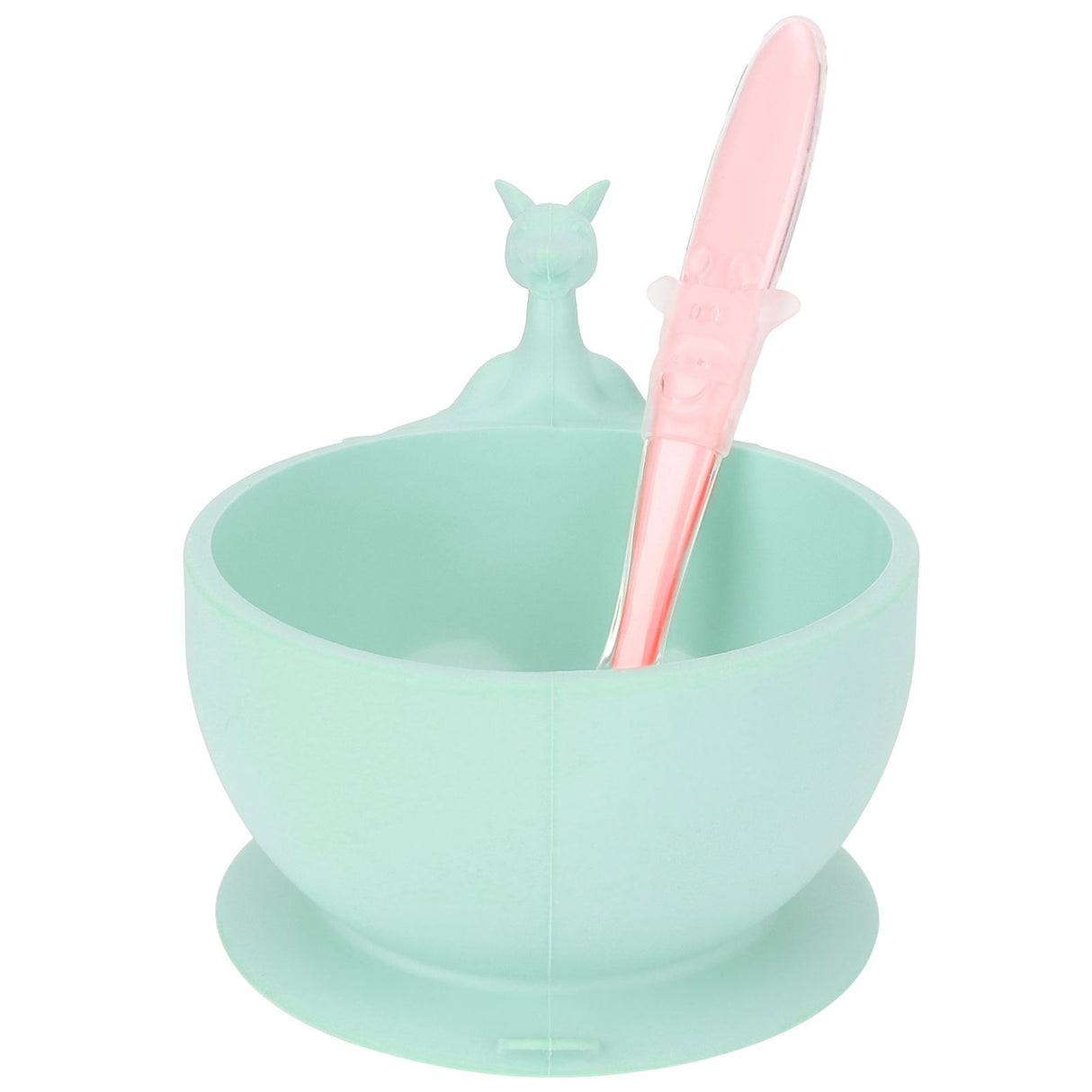 Cute Silicone Baby Feeding Bowl Spoon Set with Suction Base Non-Slip Tableware for InfantLight Green