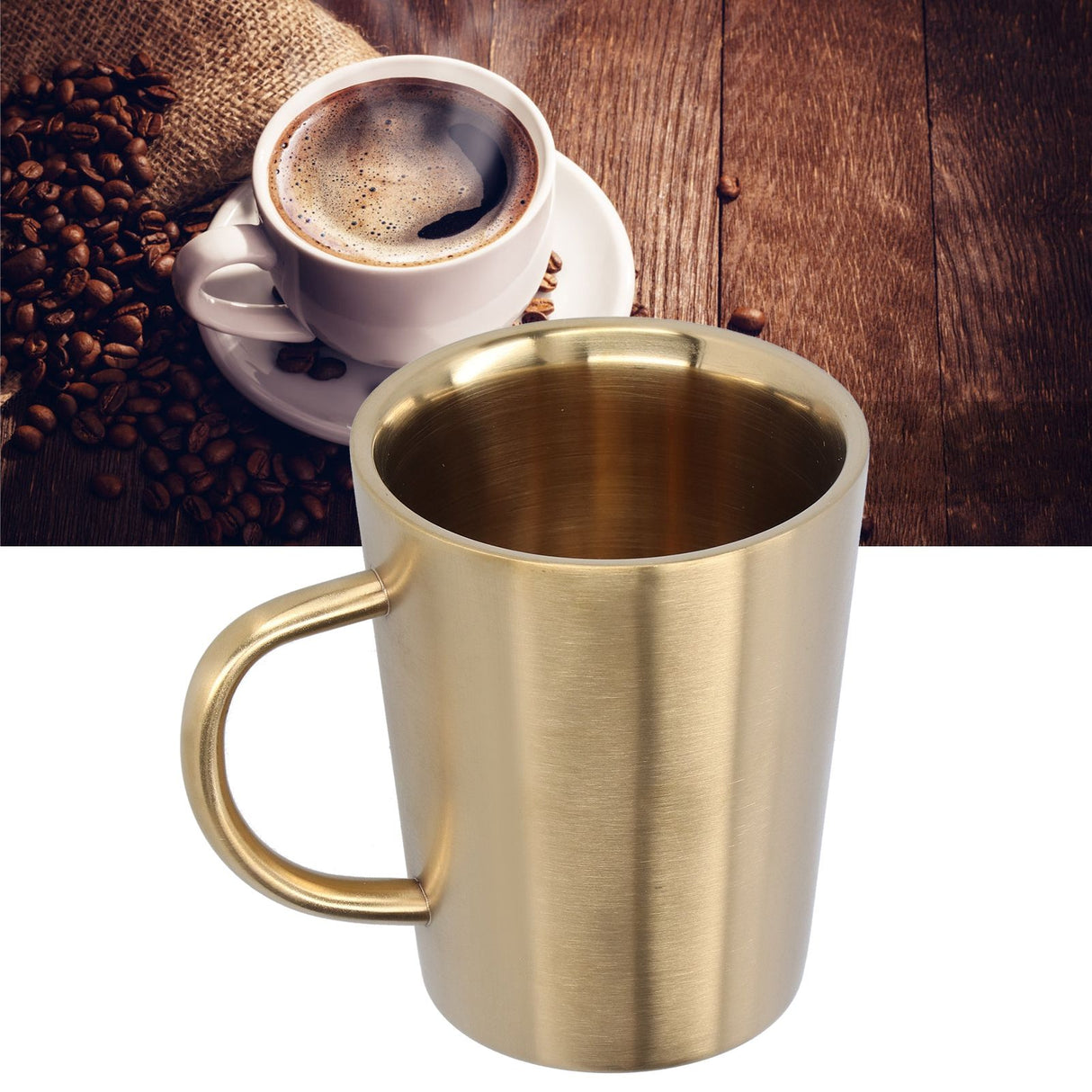 340ml 304 Stainless Steel Beer Mug Coffee Water Cup with Handgrip Double Wall DrinkwareGold