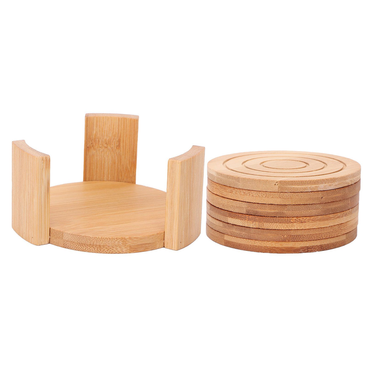 6PCS Bamboo Coaster with Holder Round Cup Mats Pad for Cold Drinks and Hot Beverage Home Supply