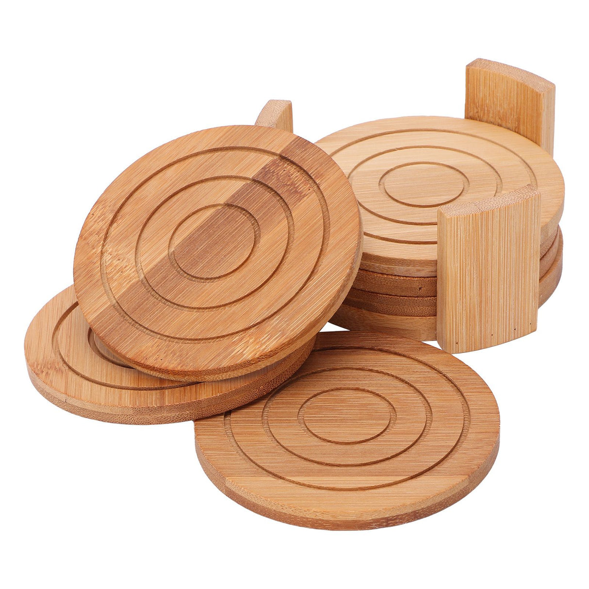 6PCS Bamboo Coaster with Holder Round Cup Mats Pad for Cold Drinks and Hot Beverage Home Supply