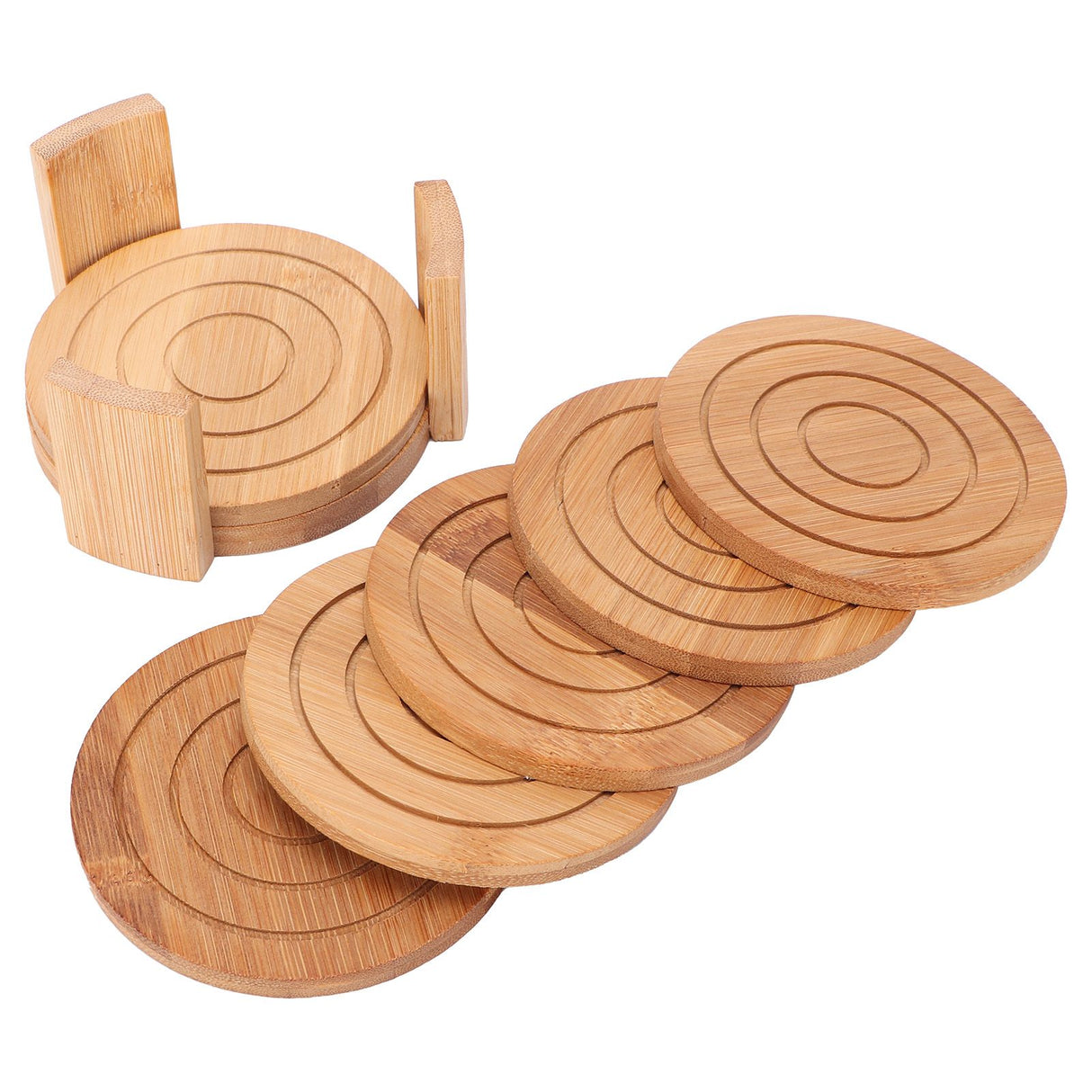 6PCS Bamboo Coaster with Holder Round Cup Mats Pad for Cold Drinks and Hot Beverage Home Supply