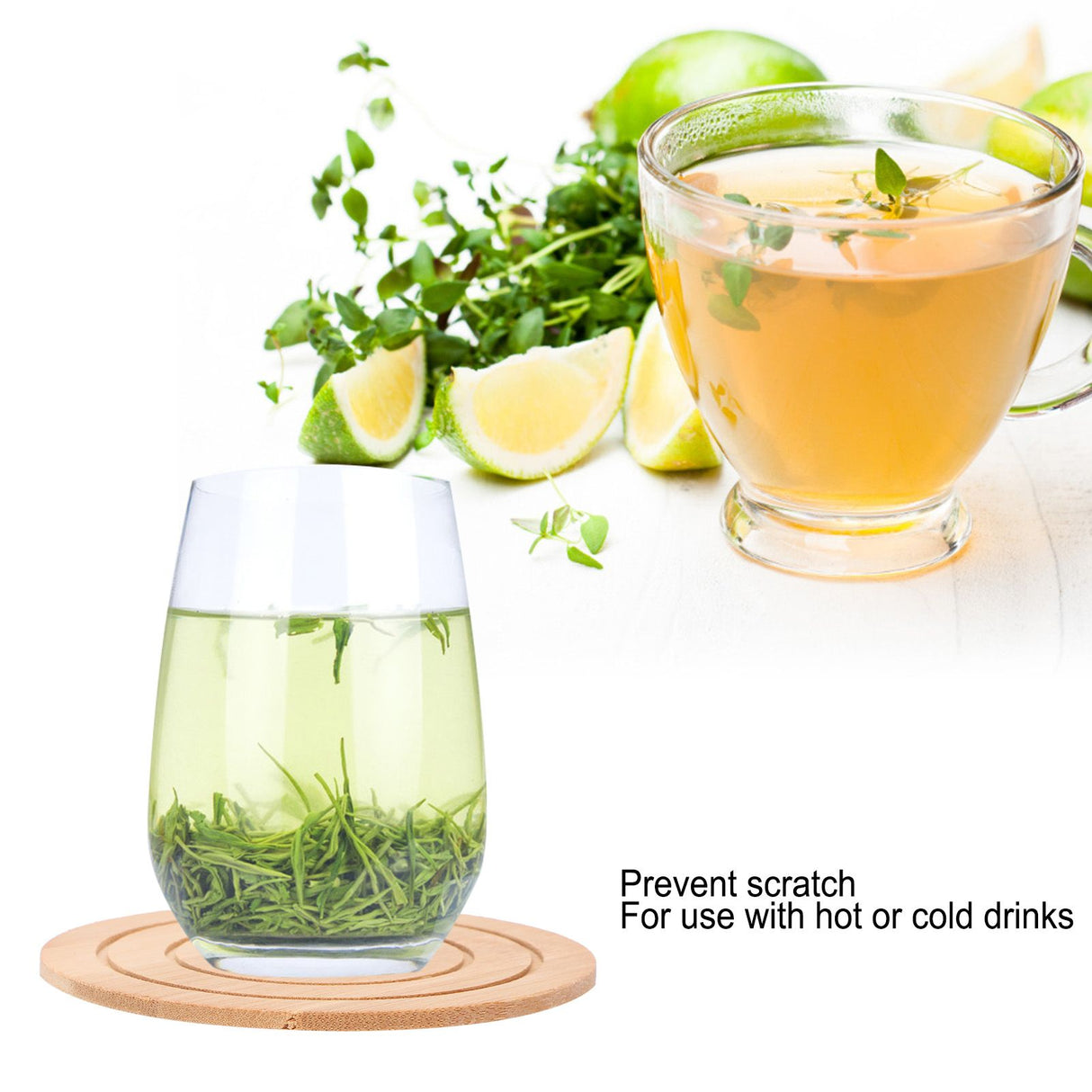 6PCS Bamboo Coaster with Holder Round Cup Mats Pad for Cold Drinks and Hot Beverage Home Supply