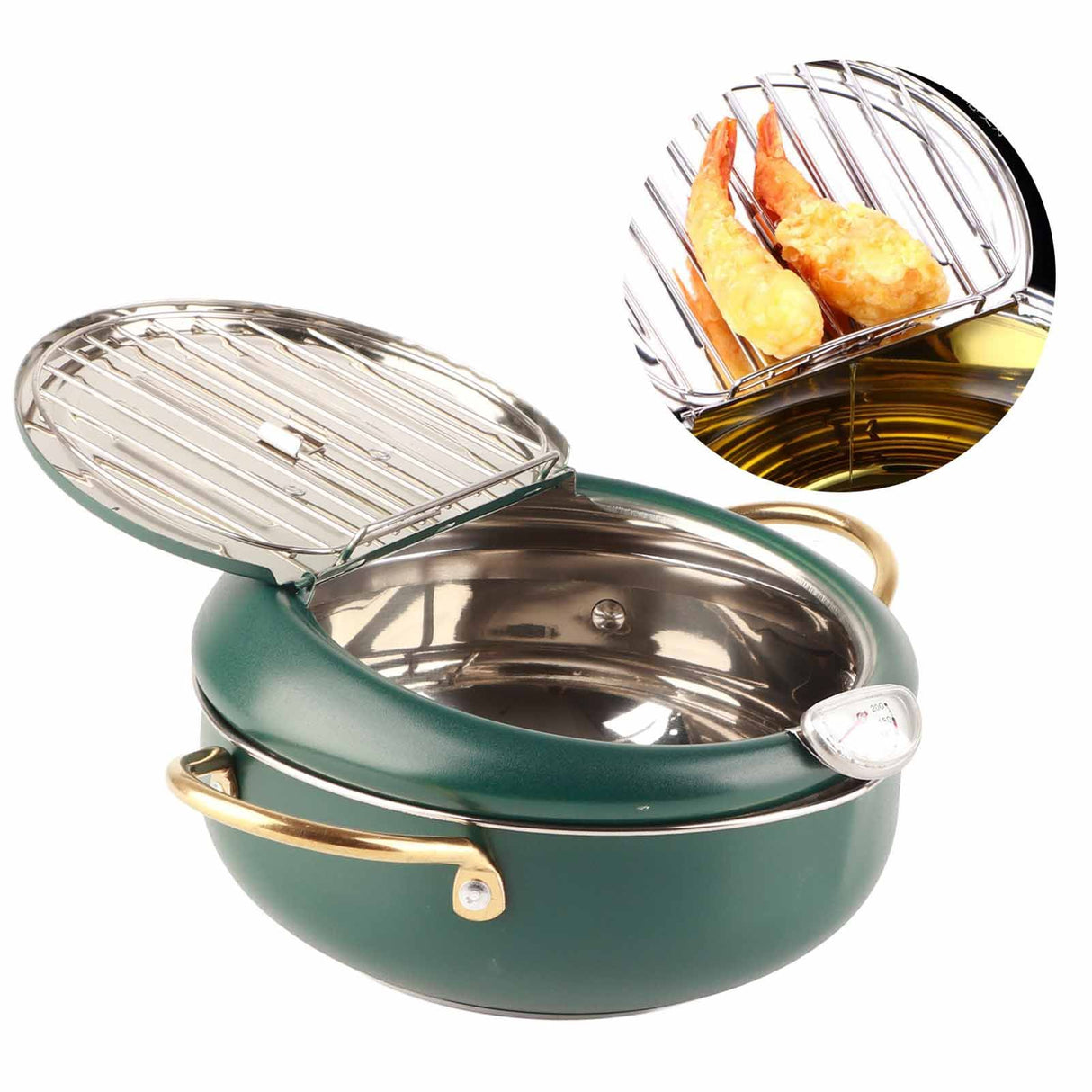Frying Pot with Thermometer Japanese Stainless Steel Fryer Pan for Induction Cooker Deep Green