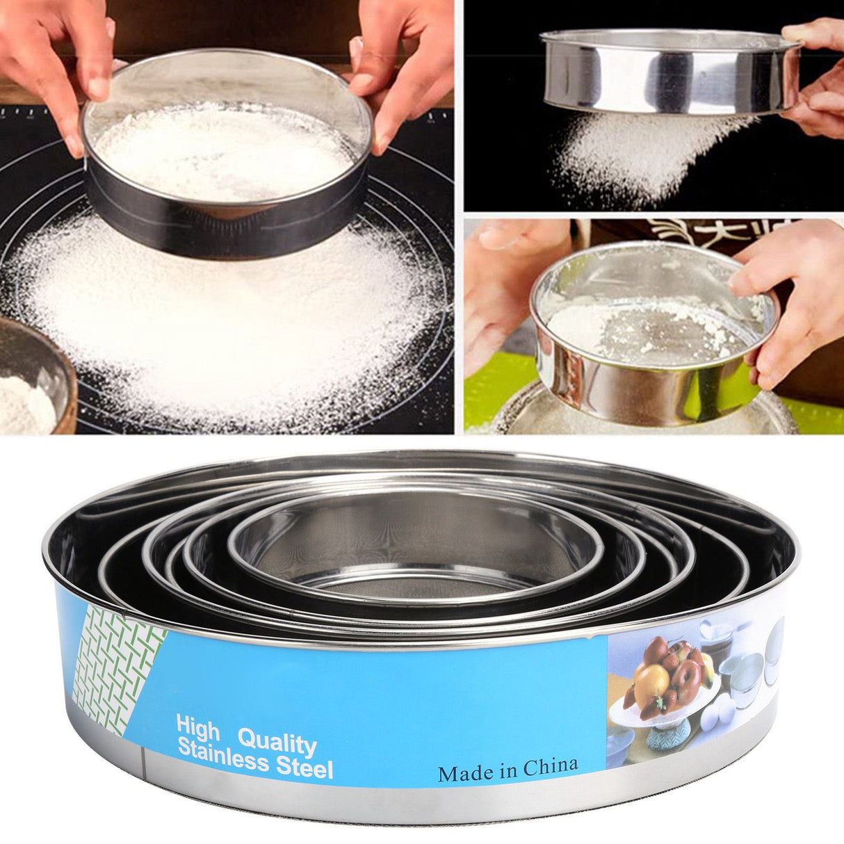 6PCS Stainless Steel Fine Mesh Flour Sieve Set Round Shape Flour Filter Strainer Kitchen Tools