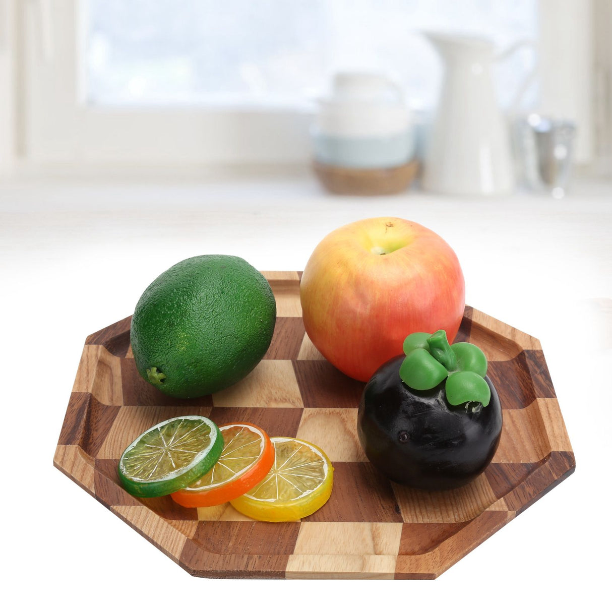 Grid Pattern Wood Plate Fruit Dishes Holder Tea Tray Dessert Dinner Bread Serving Tray24x24cm