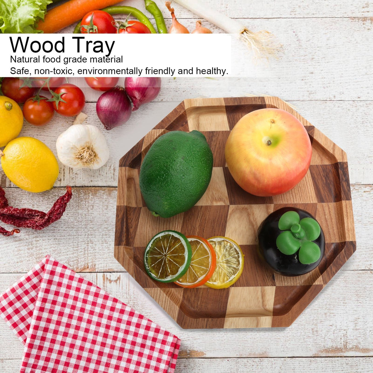 Grid Pattern Wood Plate Fruit Dishes Holder Tea Tray Dessert Dinner Bread Serving Tray24x24cm