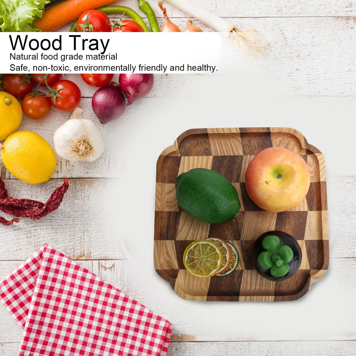 Wooden Pan Tea Tray Dish Bowl Fruit Salad Bread Serving Plate Kitchen Tableware25x25cm