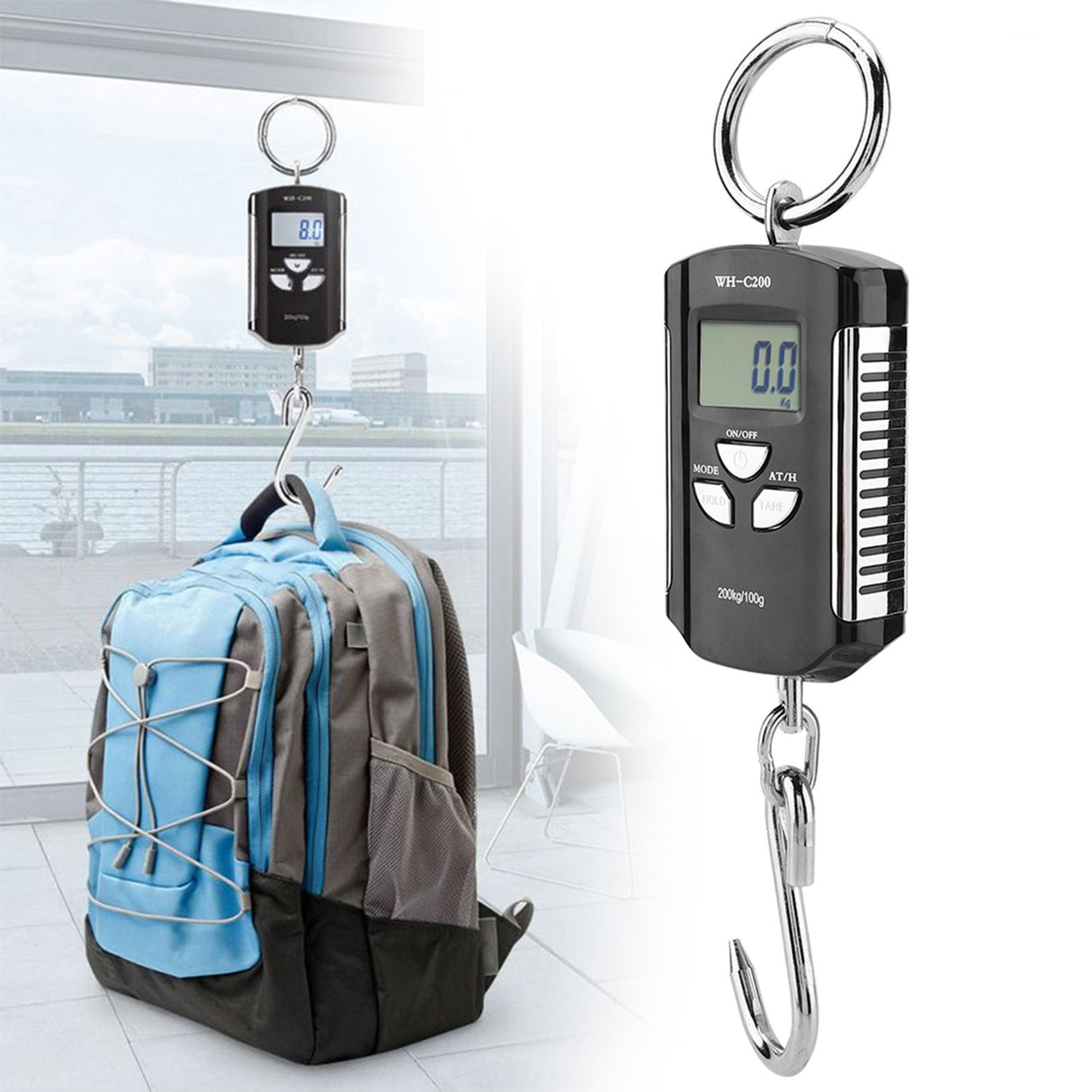 Portable Electronic Hanging Scale Digital LCD Backlit Display kg/lb/JIN 200KG W/HookSilver Frame