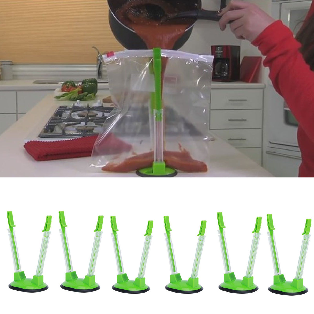 6Pcs Food Storage Bag Holder Stand HandsFree Bag Racks Home Kitchen Accessory Green
