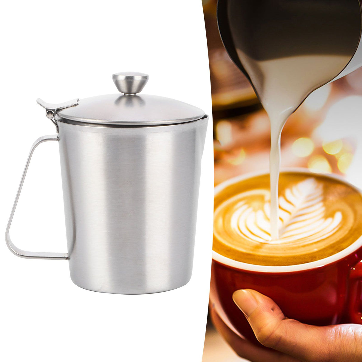 Coffee Latte Cup Thicken 304 Stainless Steel Measuring cup Milk Frothing Jug with Scale Cover500ml with Cover