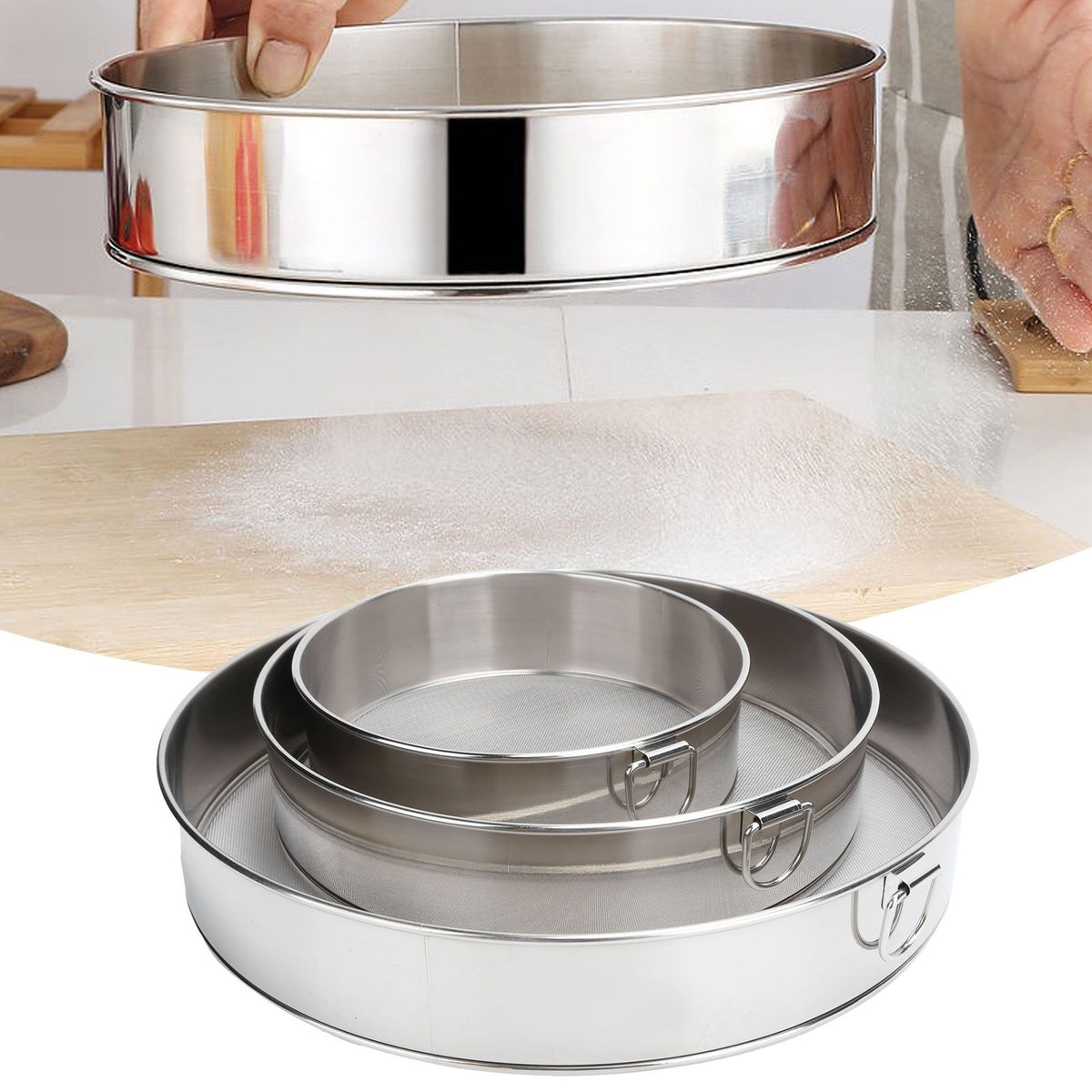 3Pcs Flour Sieve Set 304 Stainless Steel Round Flour Powder Filter Sifter Baking Utensil