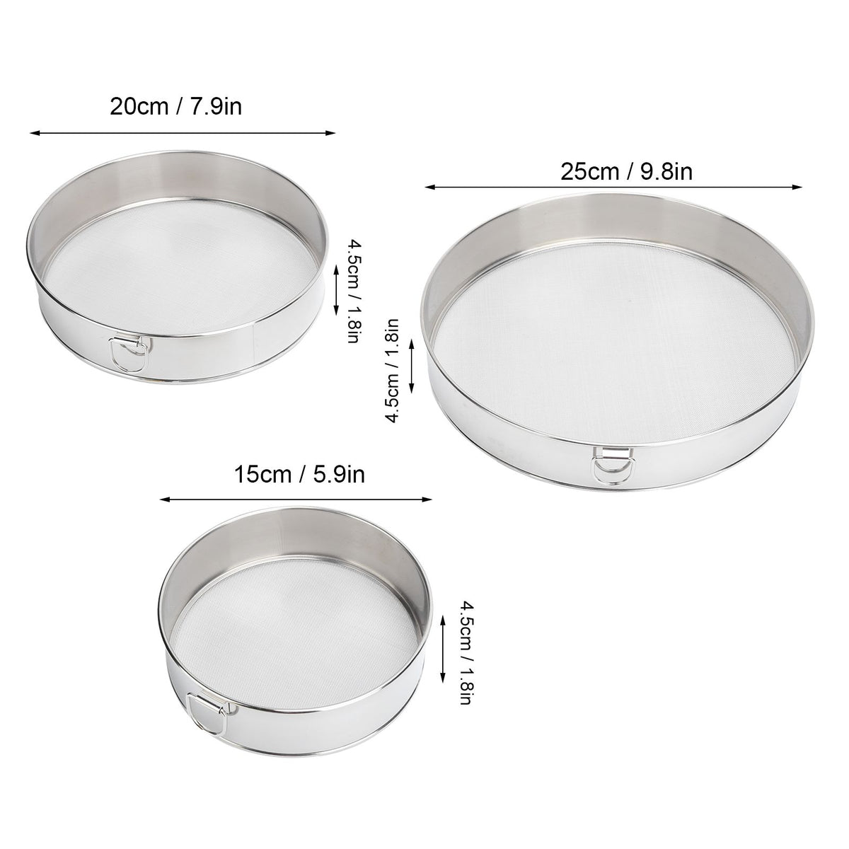 3Pcs Flour Sieve Set 304 Stainless Steel Round Flour Powder Filter Sifter Baking Utensil
