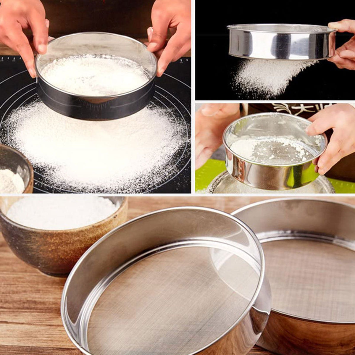 3Pcs Flour Sieve Set 304 Stainless Steel Round Flour Powder Filter Sifter Baking Utensil