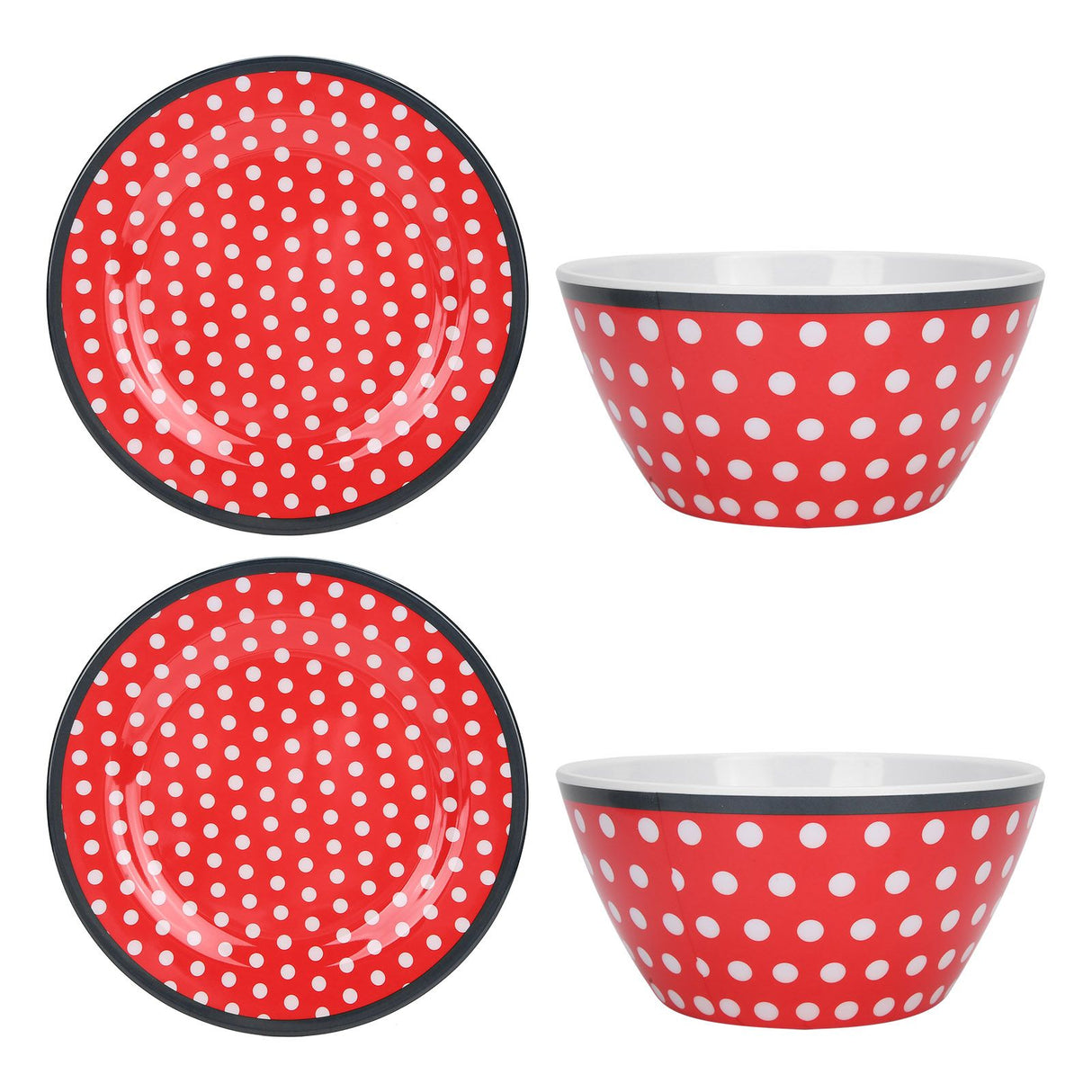 4Pcs Salad Dish Set Red Dots Imitation Porcelain Plate Fruit Food Cake Dish Dinnerware for Kitchen