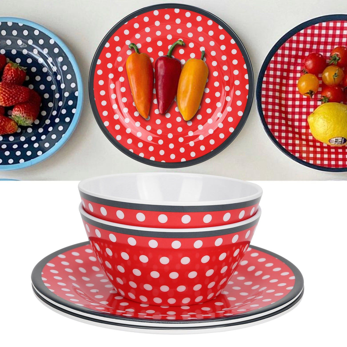 4Pcs Salad Dish Set Red Dots Imitation Porcelain Plate Fruit Food Cake Dish Dinnerware for Kitchen