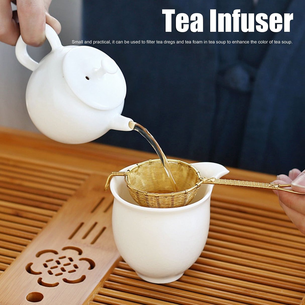 Tea Infuser Strainer Hand Made Copper Reusable Teapot Filter with Long Handle for Tea Maker