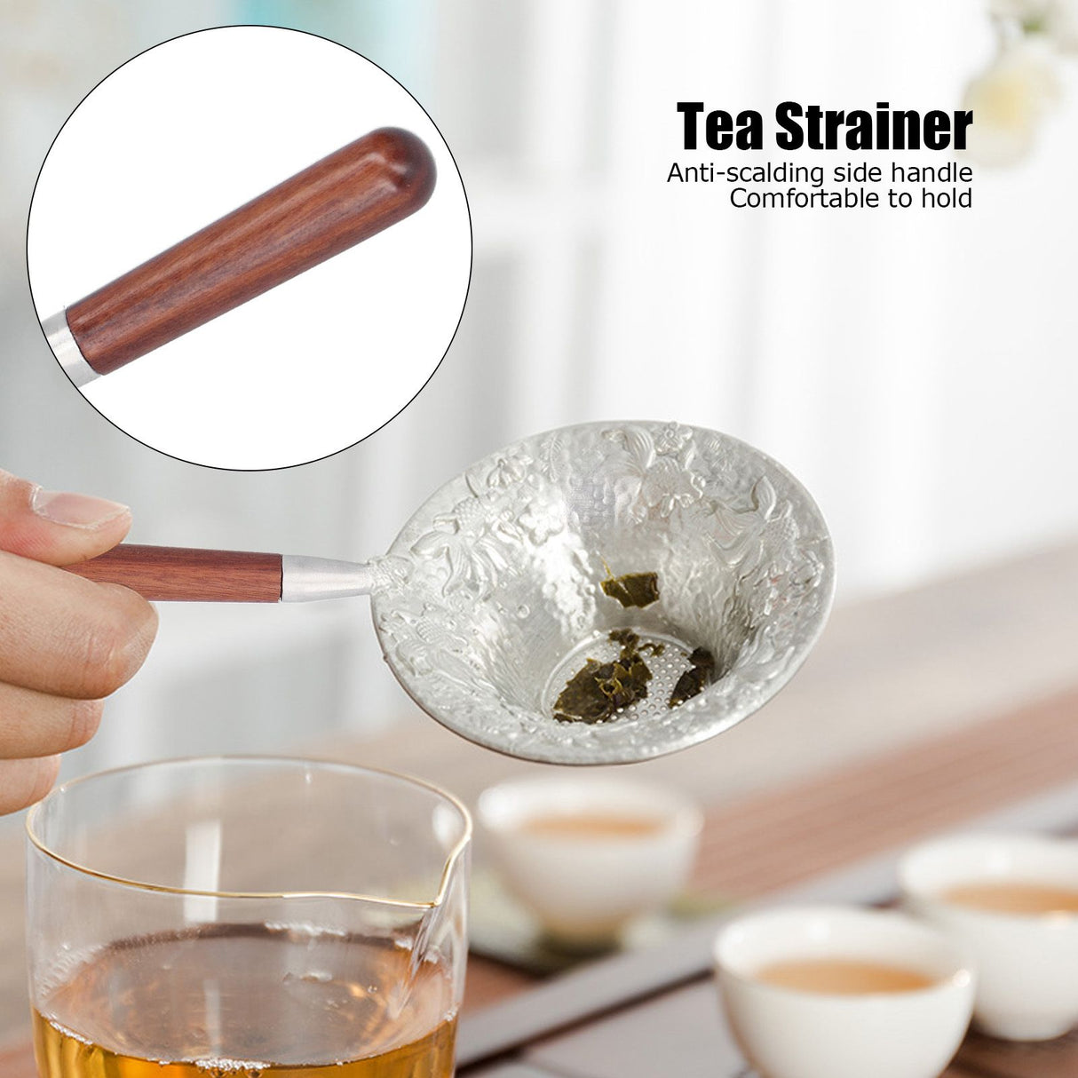 Tea Strainer Innovative Tea Leaf Infuser Filter Brewing Device for Home Office UseRed Wood Handle