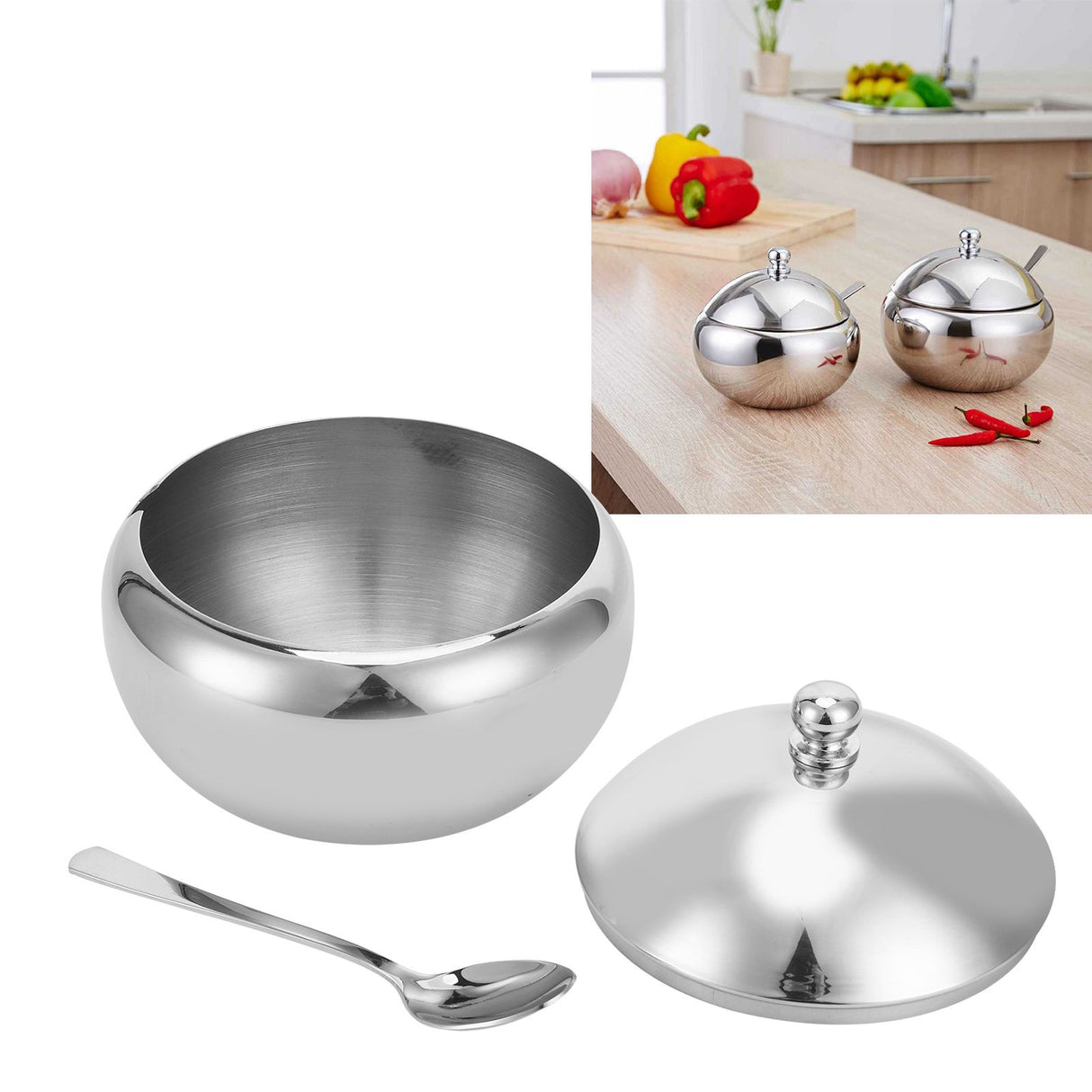 Seasoning Box 304 Stainless Steel Sugar Salt Bowl Container Household Supplies with Lid SpoonL