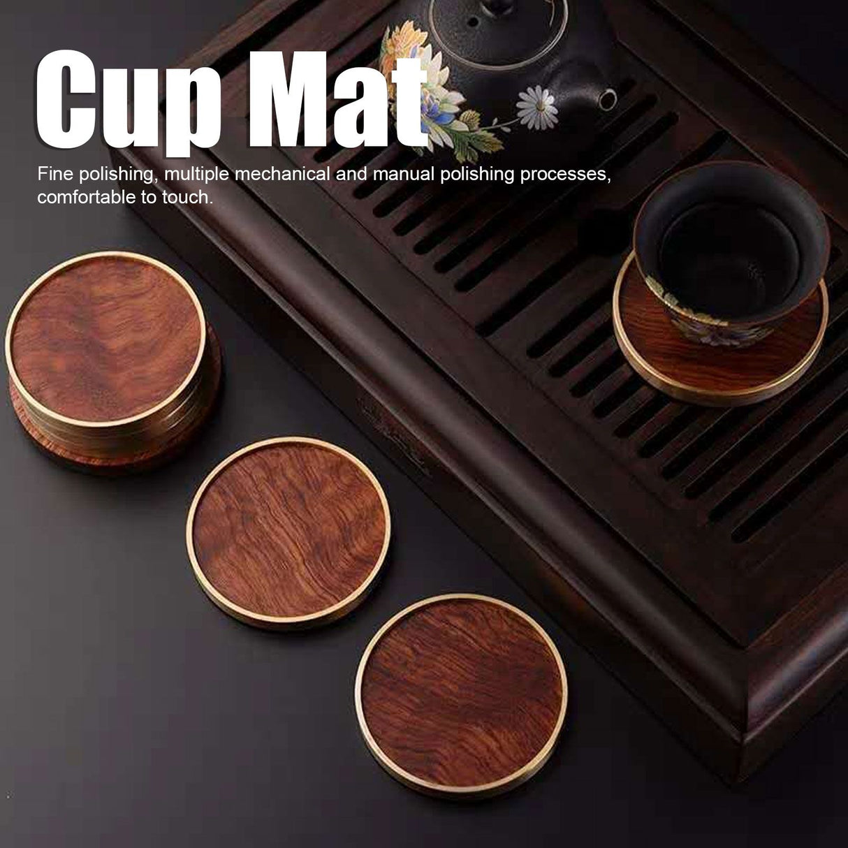 Wooden Tea Cup Mat Insulation Desktop Cup Pad Set with Base Tray Tea Ceremony AccessoriesRosewood