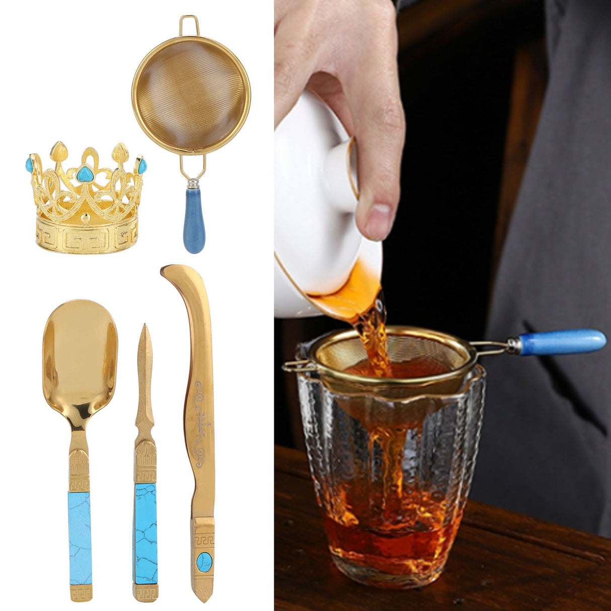 Tea Ceremony Set 304 Stainless Steel Tea Spoon Needle Clip Filter Kit Kung Fu Tea Accessory Gold