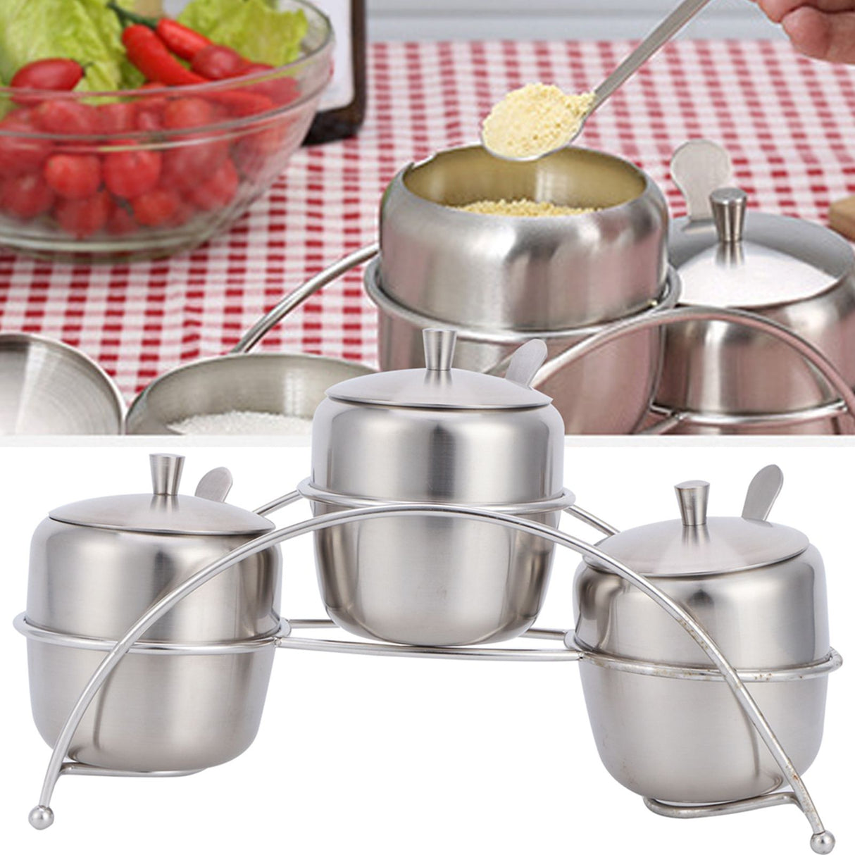 304 Stainless Steel Condiment Pot Spice Container Salt Sugar Box Storage Spice Rack Set