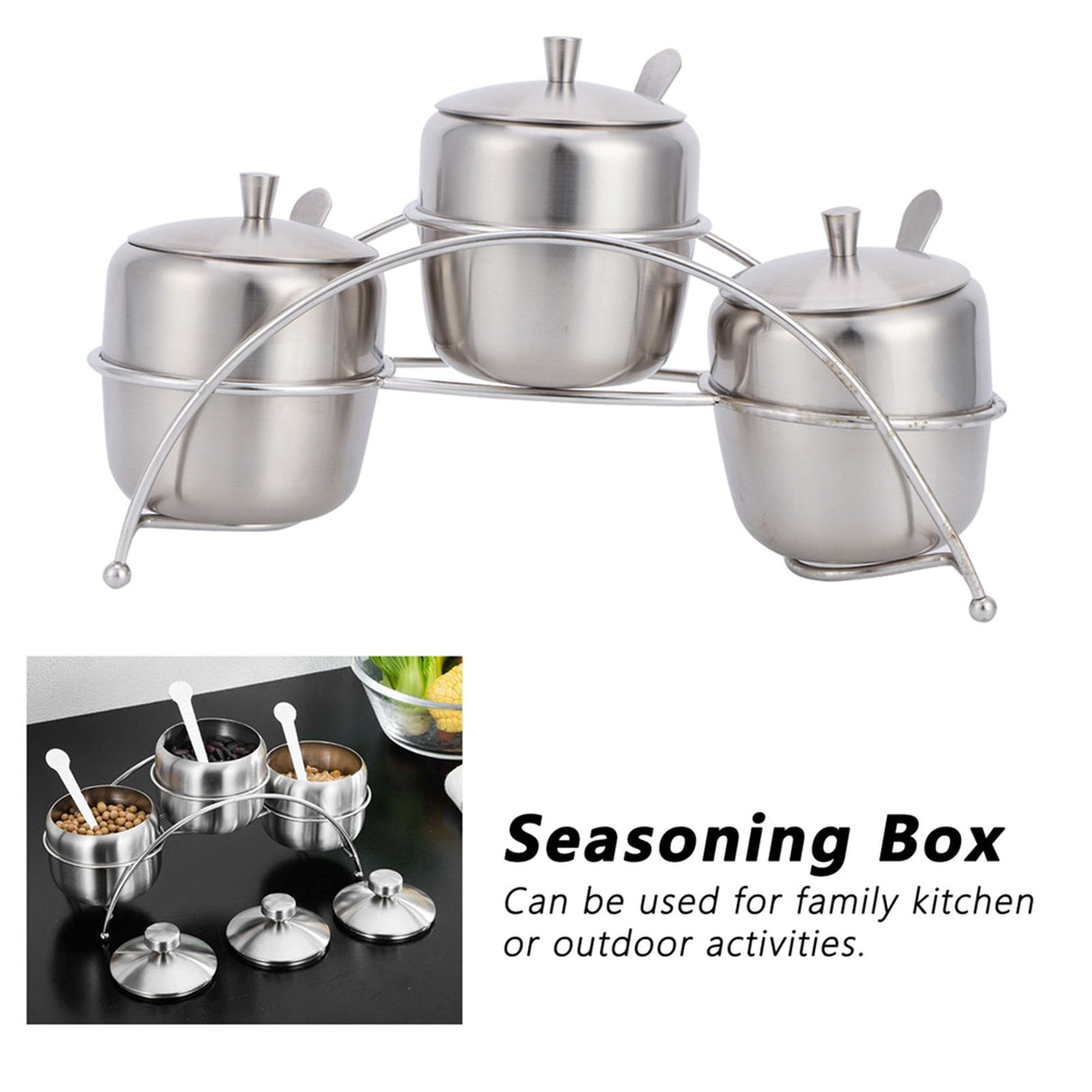304 Stainless Steel Condiment Pot Spice Container Salt Sugar Box Storage Spice Rack Set