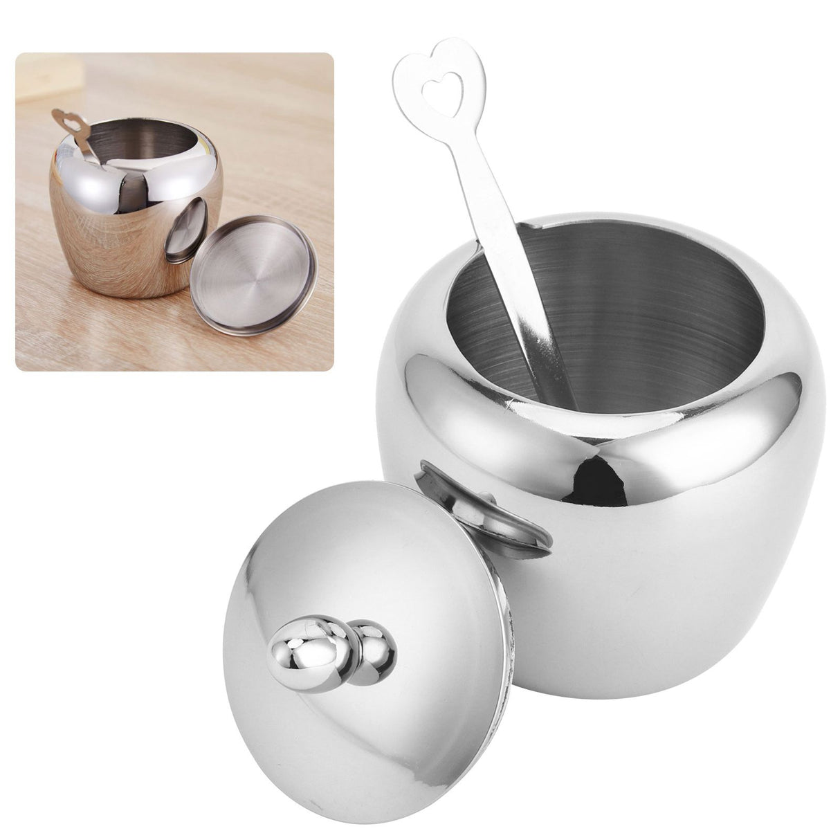 304 Stainless Steel Sugar Bowl with Lip Spoon Home Kitchen Salt Pepper Spices Bowl