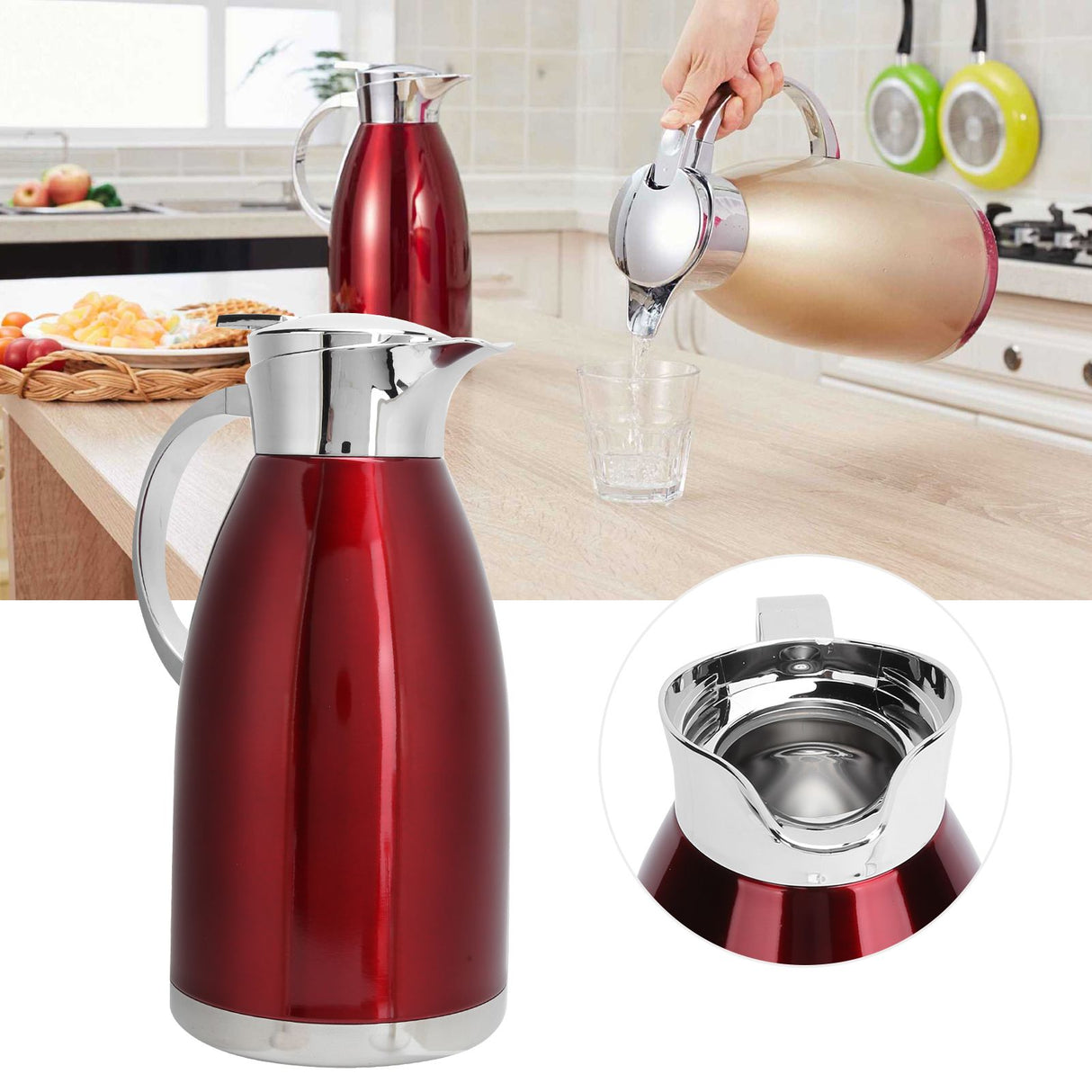 2L Thermal Jug DoubleWall Stainless Steel Vacuum Insulation Kettle for Coffee Tea(Red )