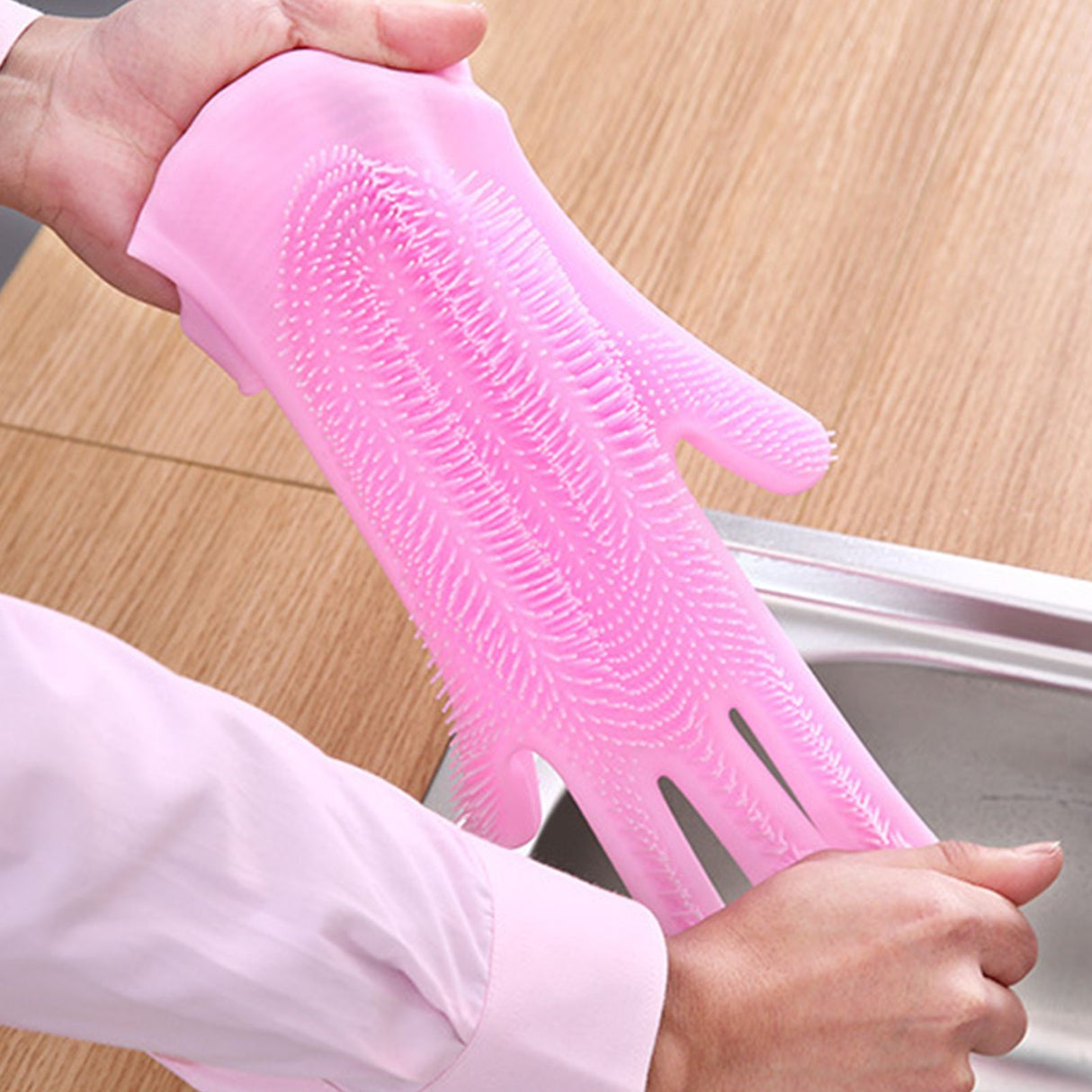 Silicone Gloves with bristles Waterproof Splashproof Oil Proof Soft Elastic Kitchen Dishwashing Silicone Cleaning GlovesPink