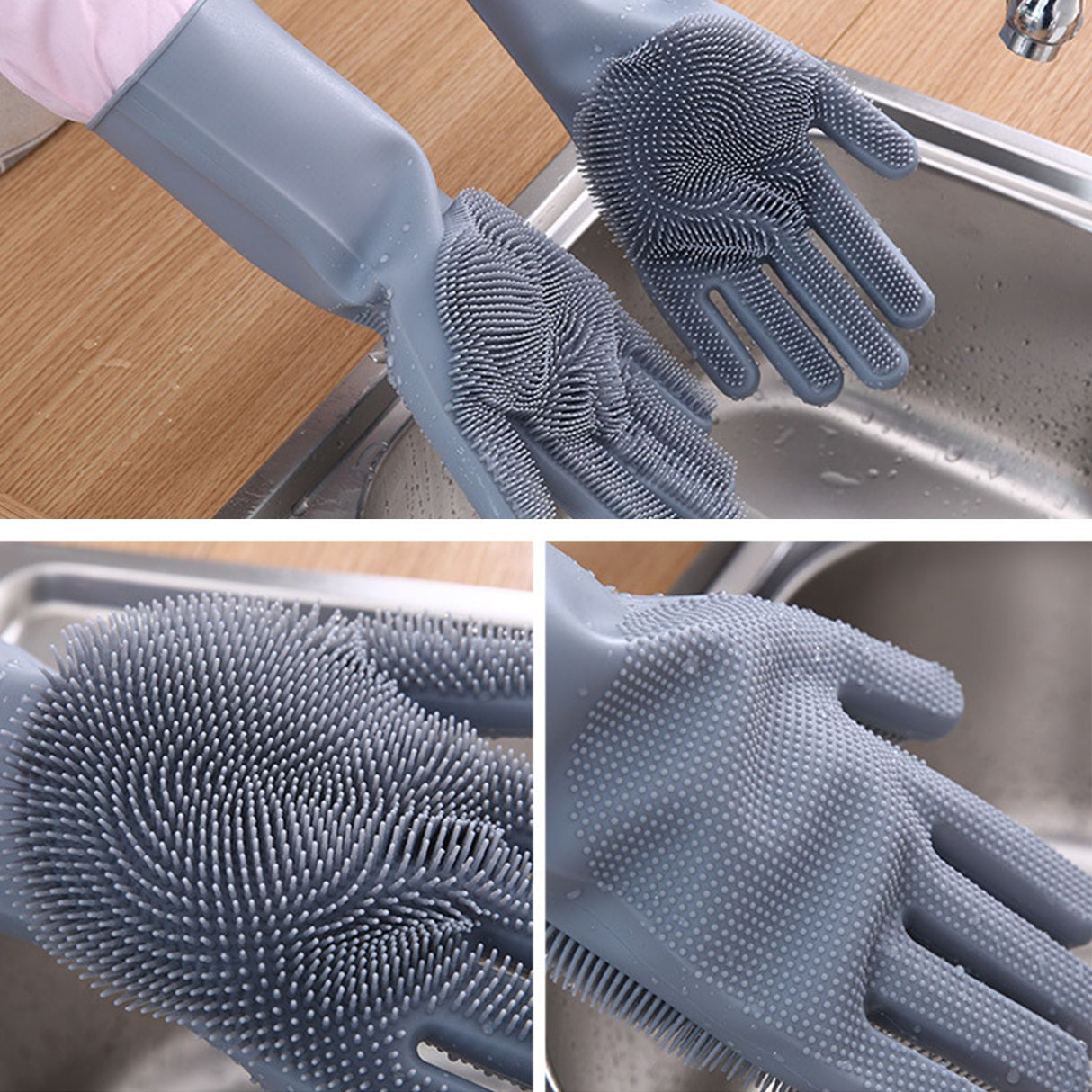 Silicone Gloves with bristles Waterproof Splashproof Oil Proof Soft Elastic Kitchen Dishwashing Silicone Cleaning GlovesGrey