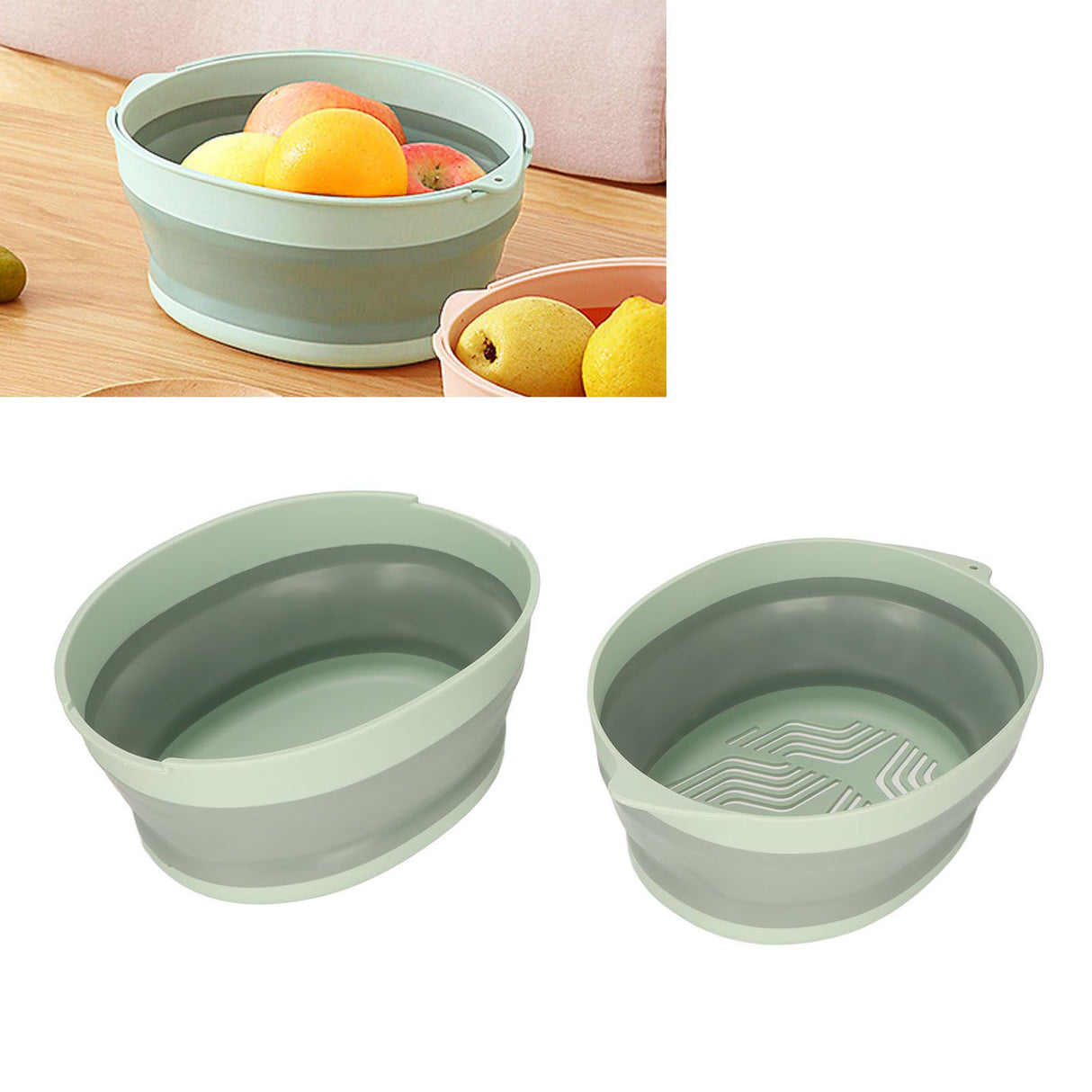 Double Layer Drain Basket Separate Design Foldable Portable Fruit Vegetable Storage Basket for Kitchen Outdoor Travel Green Small