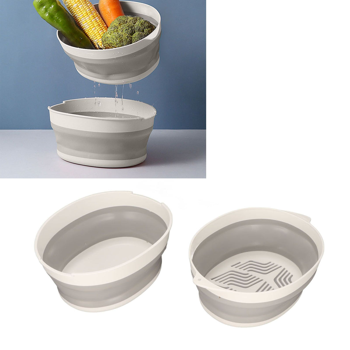 Double Layer Drain Basket Separate Design Foldable Portable Fruit Vegetable Storage Basket for Kitchen Outdoor Travel Gray White Small
