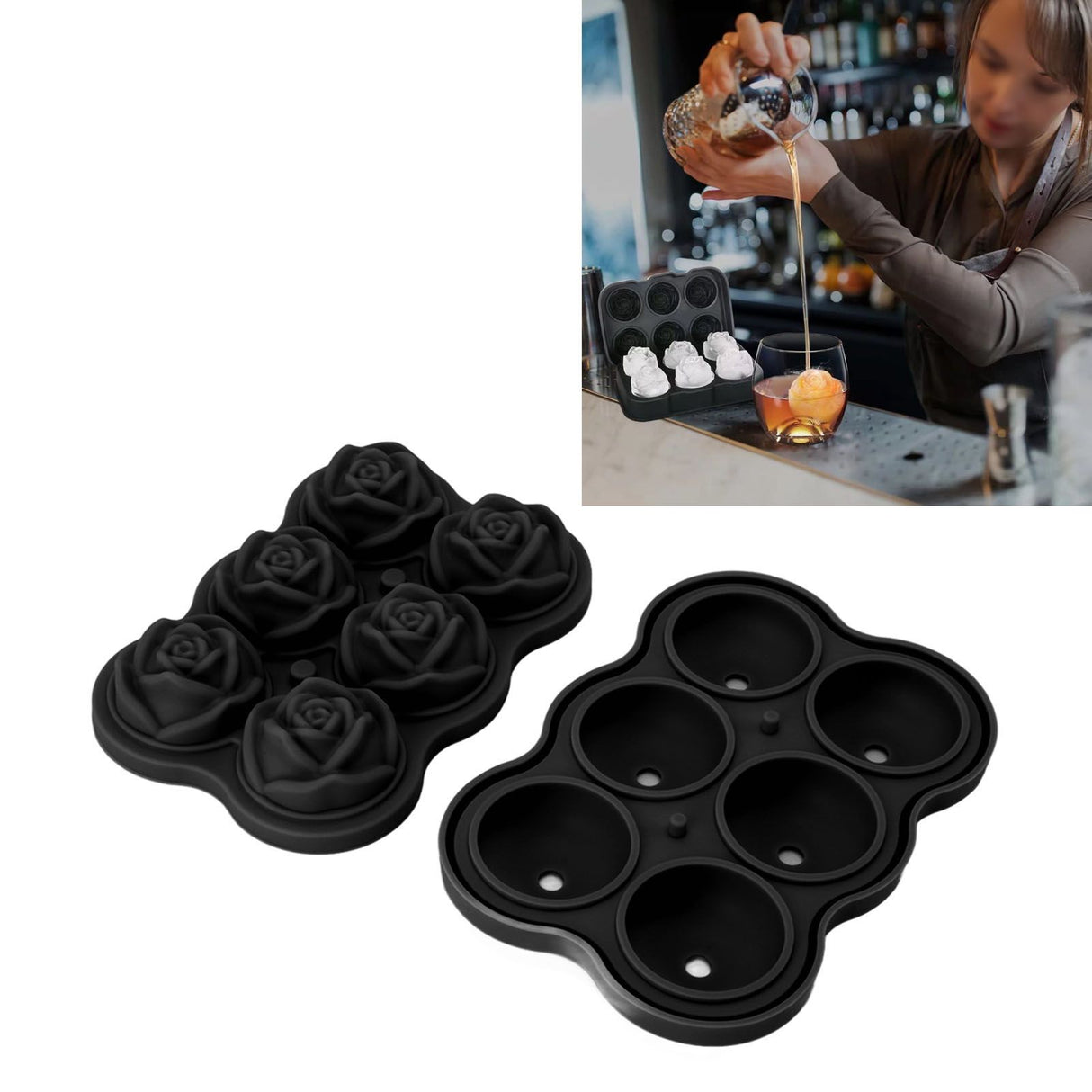 Rose Ice Cube Tray Silicone 6 Cubes No BPA Ice Making Accessory with Lid for Cocktail Whisky Black