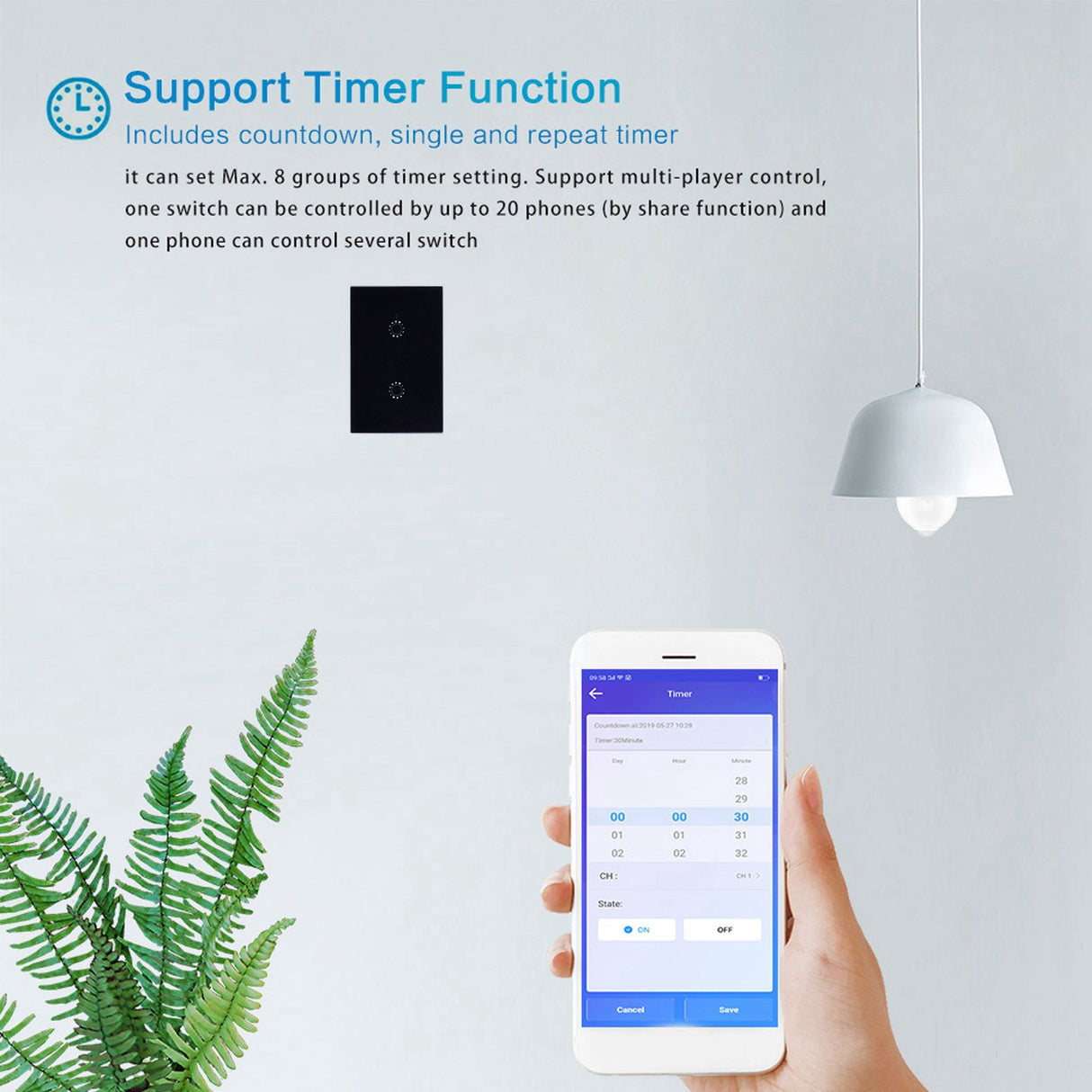LED Smart Light Switch WiFi Wall Touch 2 Gang for Amazon Alexa Intelligent Voice APP Control AC 95‑250VBlack Cover