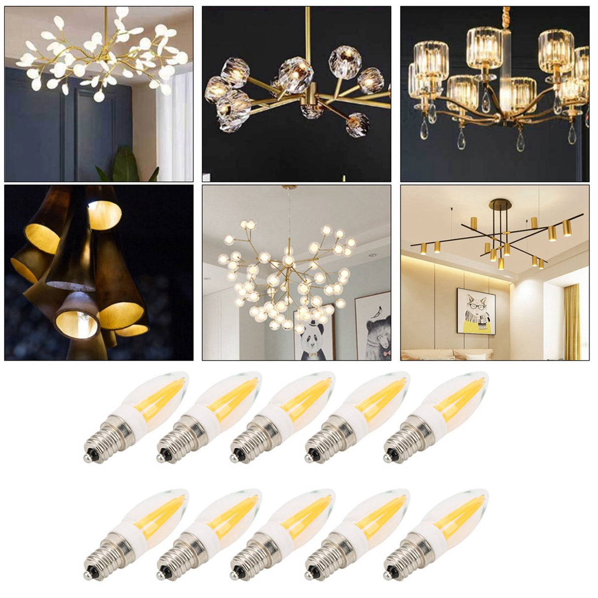 10Pcs E12 Long Filament Light Bulbs 3W AC110V Chandelier Ceiling Lamp Bulb Warm White
