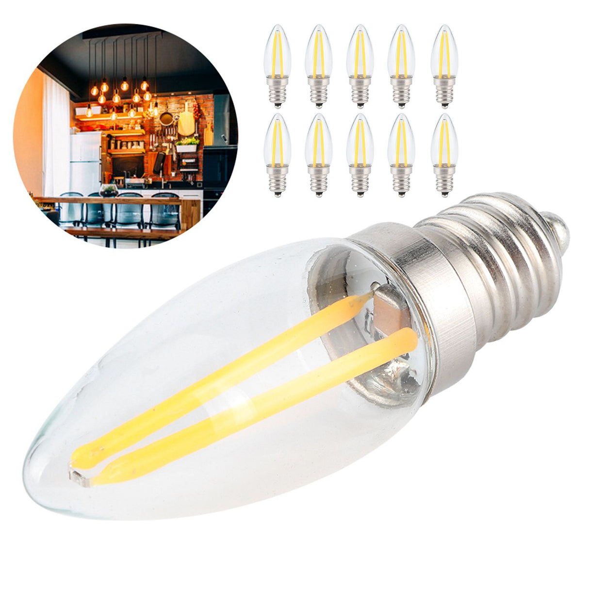 10Pcs E12 Long Filament Small LED Light Bulbs Dimmable Lamp 1.5W AC110V for Home Lighting