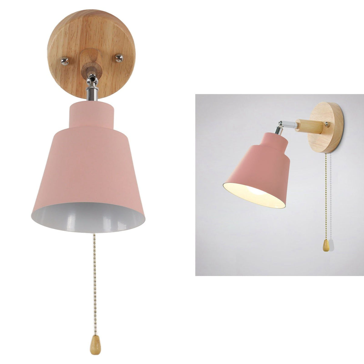 Macaron Bedside Wall Lamp Space Saving Pink Lampshade Wall Sconces with Wood Base for Living Room Bedroom Office 100‑240V