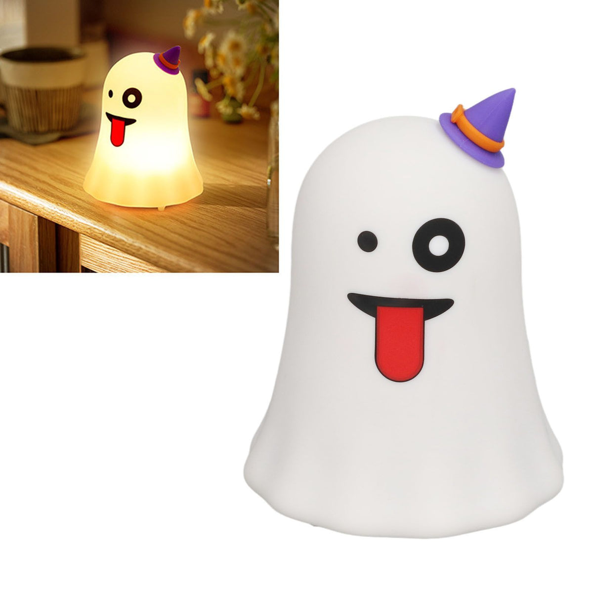 LED Cute Night Lamp Ghost Shaped 7 Colors Light USB Charging Silicone and ABS Bed Light for Kids Bedroom Halloween