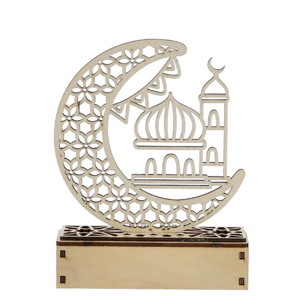 LED Eid Ramadan Hollow Decorations Openwork Carving Wooden Light Durable Table Light Crafts