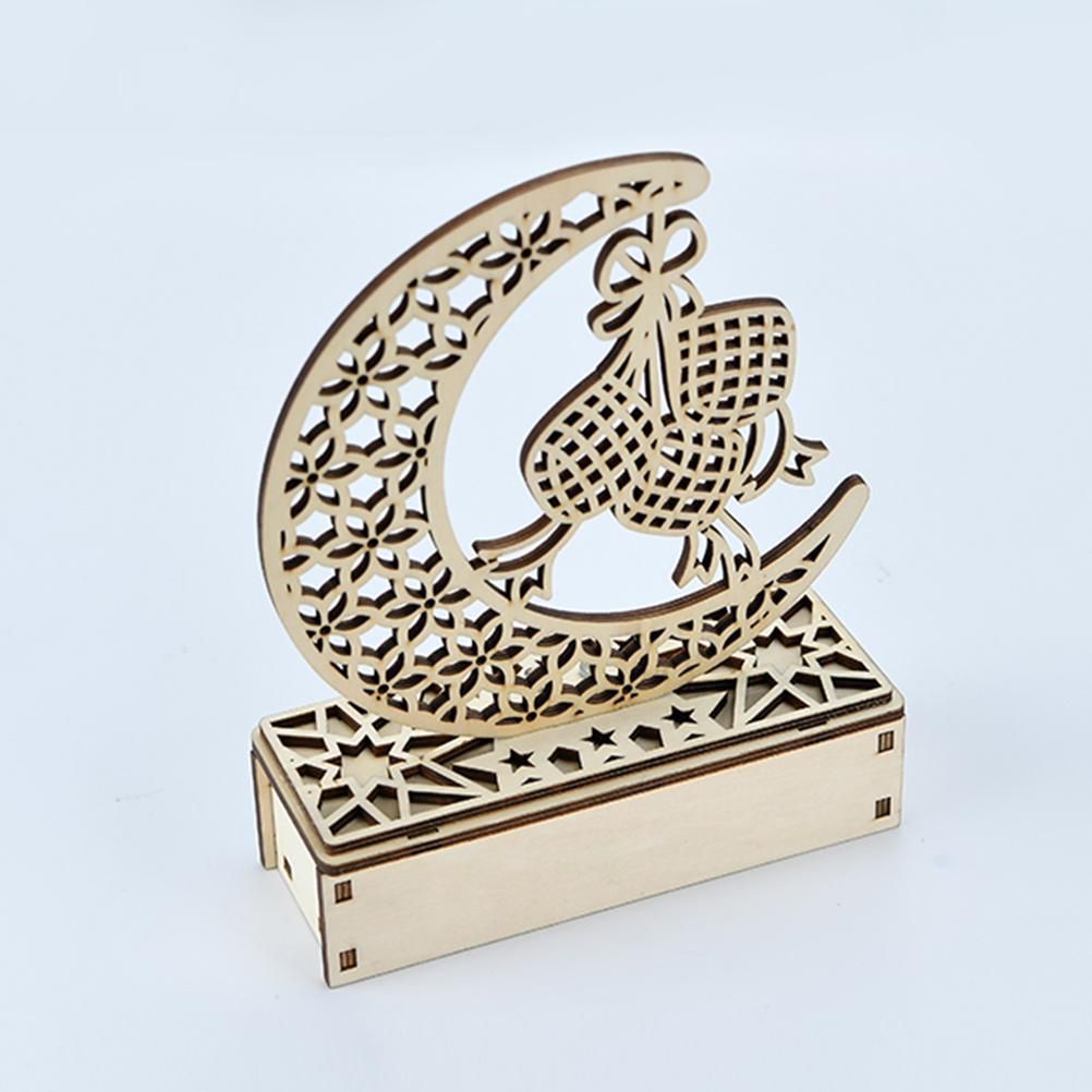 LED Eid Ramadan Hollow Decorations Openwork Carving Wooden Light Durable Table Light Crafts