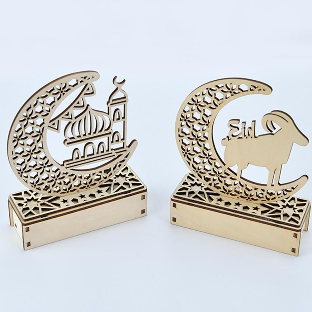 LED Eid Ramadan Hollow Decorations Openwork Carving Wooden Light Durable Table Light Crafts