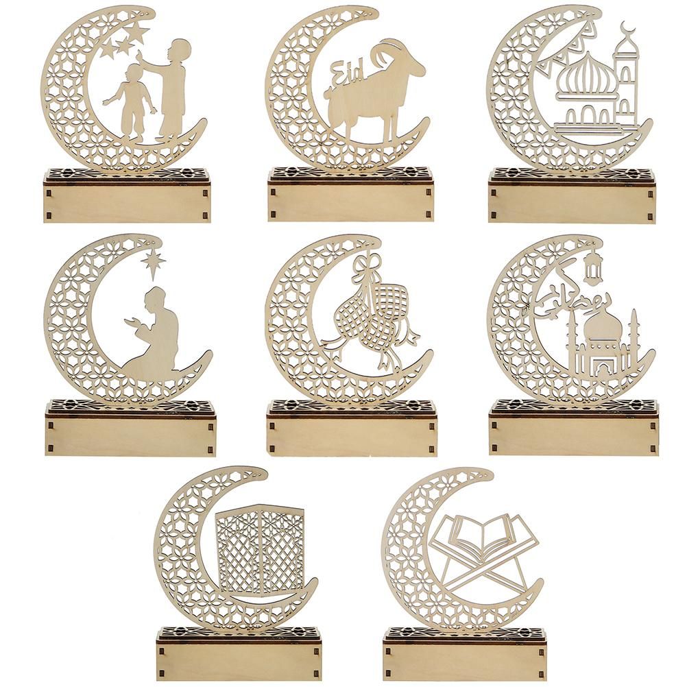 LED Eid Ramadan Hollow Decorations Openwork Carving Wooden Light Durable Table Light Crafts