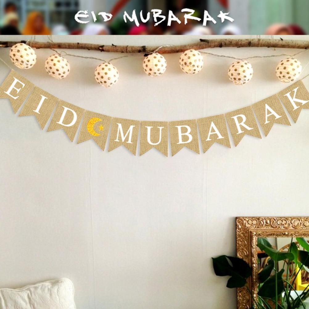 Eid Mubarak Banner Burlap Flag Decoration Eid Celebration Hanging Banner for Corridor Windows Living Room