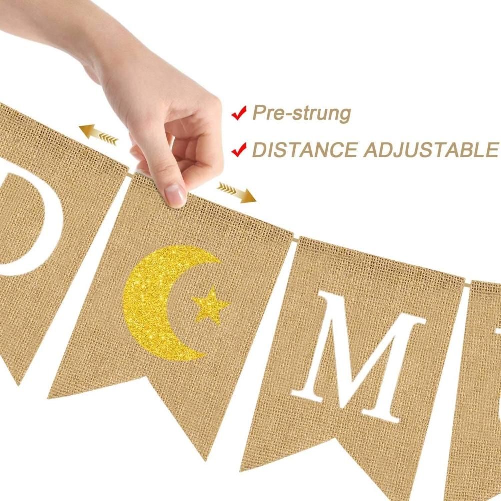 Eid Mubarak Banner Burlap Flag Decoration Eid Celebration Hanging Banner for Corridor Windows Living Room